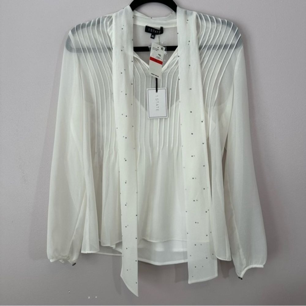 NWT 1.STATE XS Blouse White Long Sleeve Rhinestone Tie Neck Pintuck Wild Thing